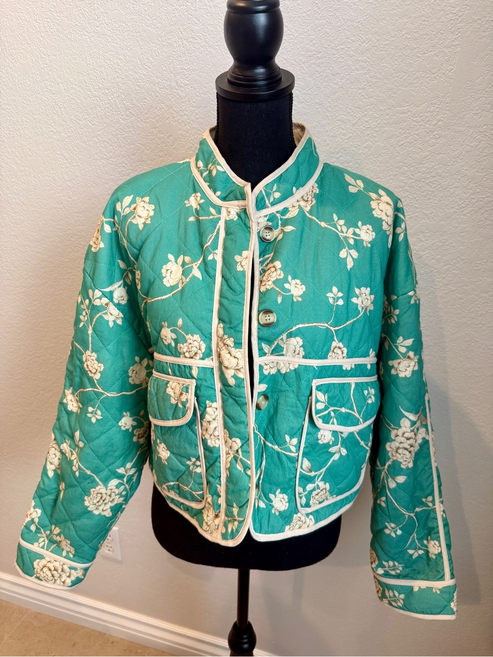 7 For All Mankind Green Floral Quilted Bomber Jacket - Picture 3 of 7